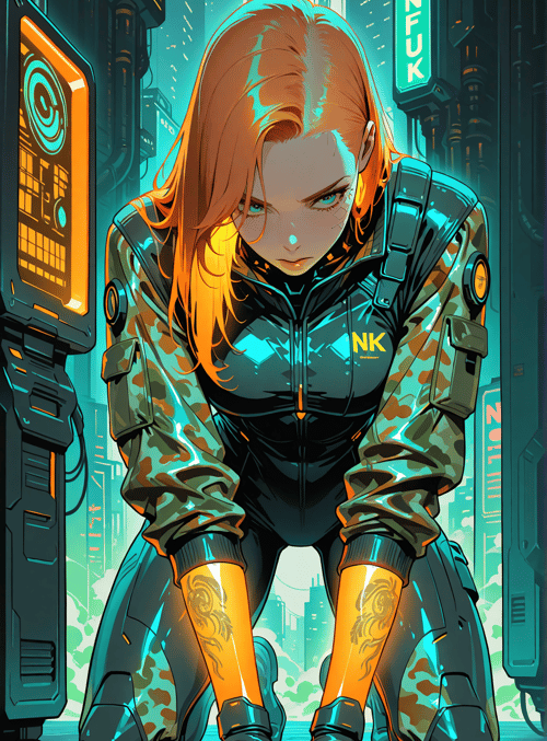 woman, cyborg, neon, city