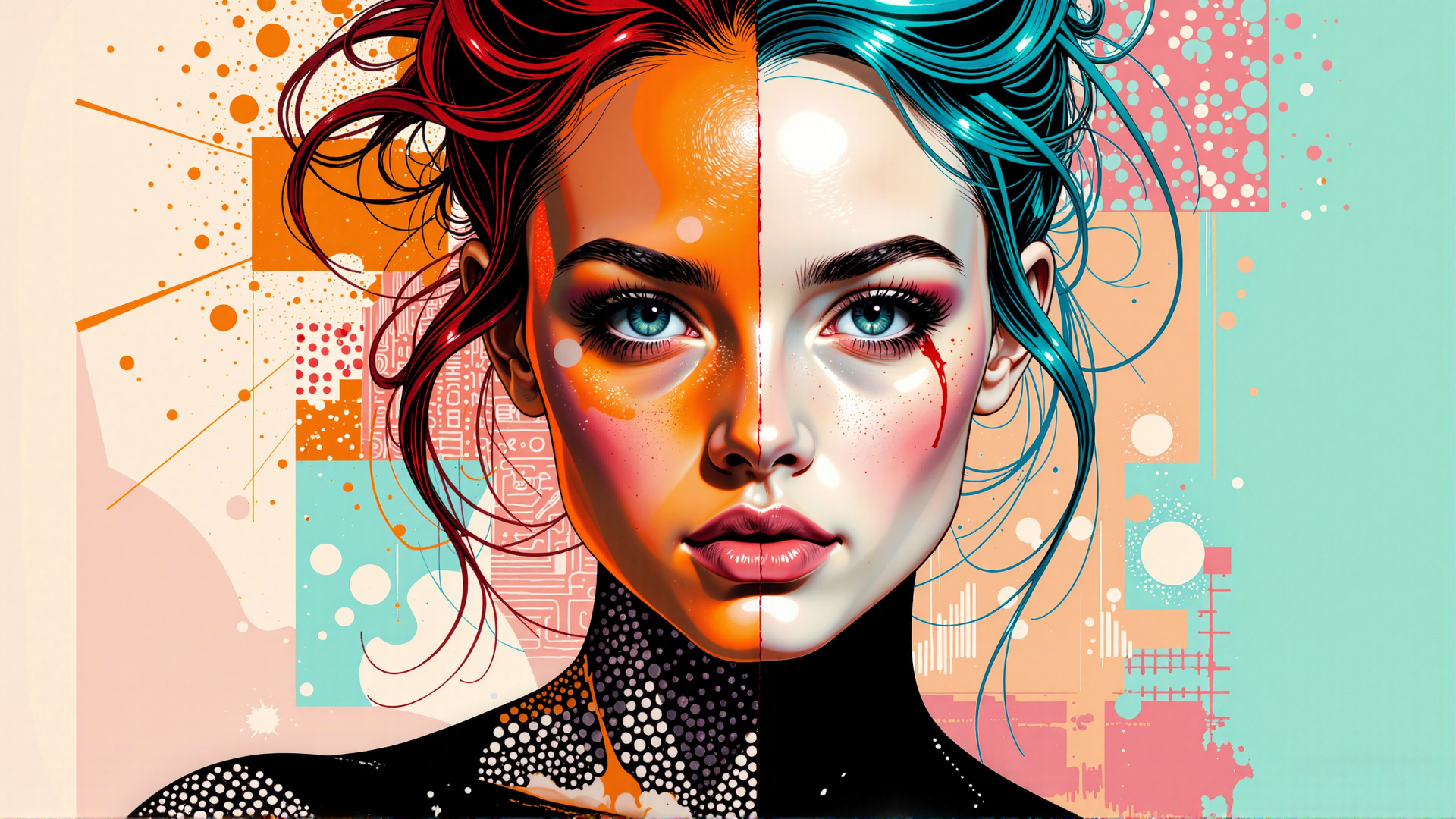 AI generated wallpaper featuring face, hair, woman, portrait, art, background, dots, splotches, lines, dots