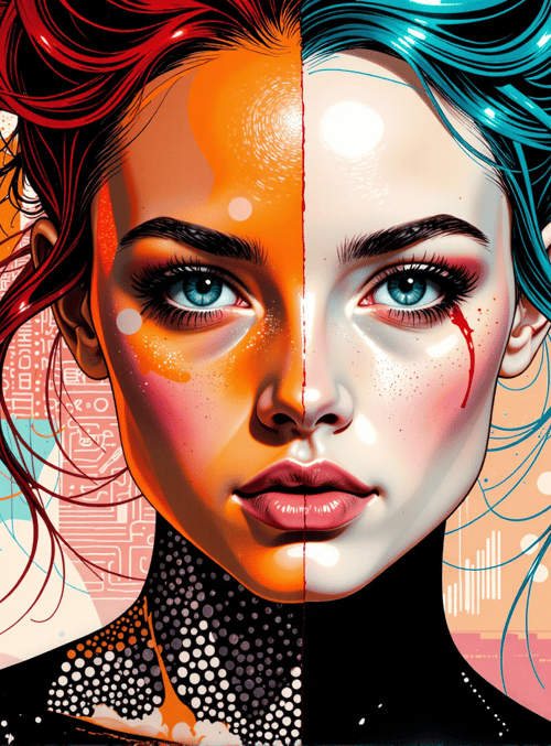 face, hair, woman, portrait, art, background, dots, splotches, lines, dots