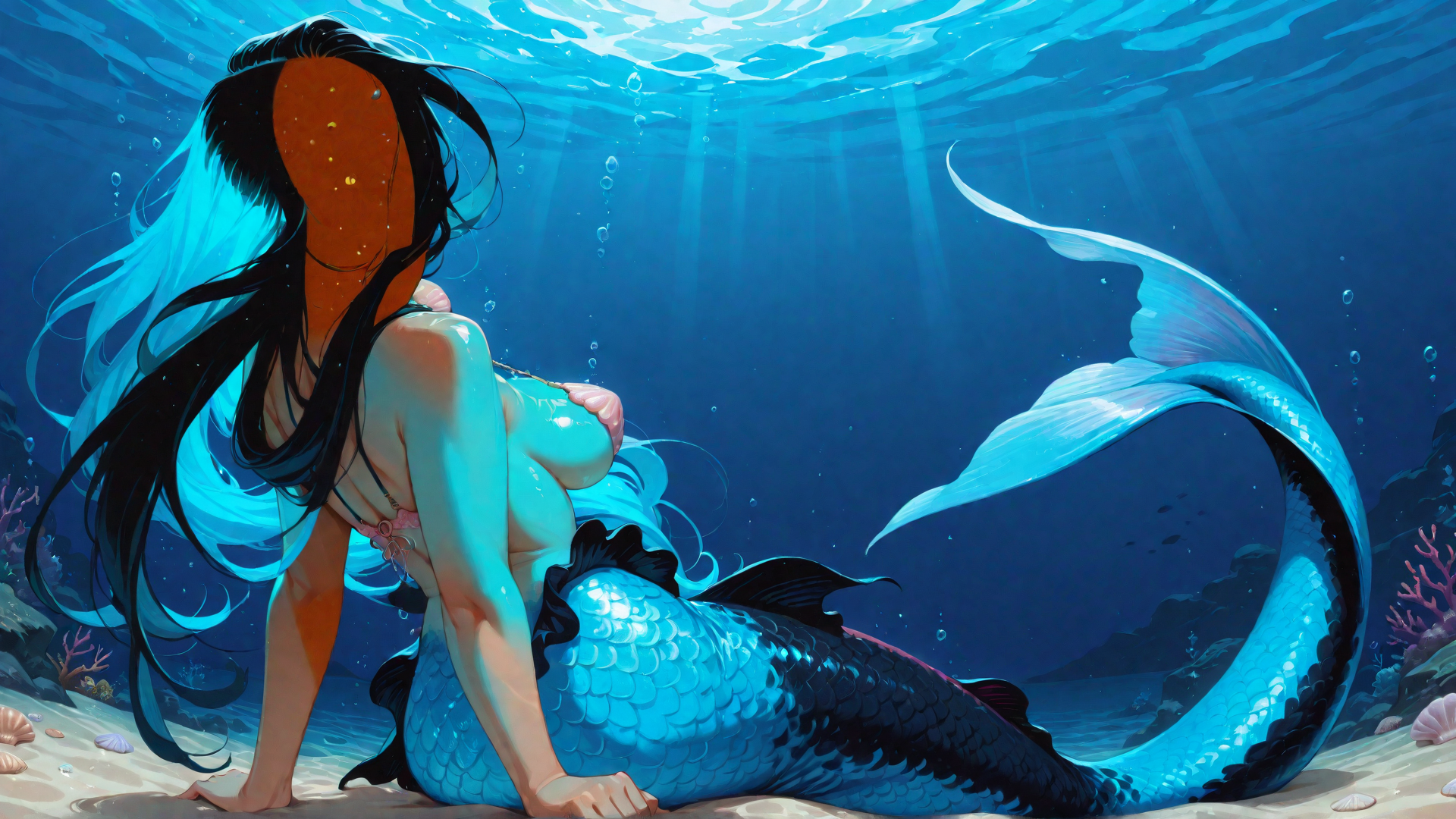 AI generated wallpaper featuring mermaid, sea, scales, coral, bubbles, sand, fish, hair, tail, sunlight