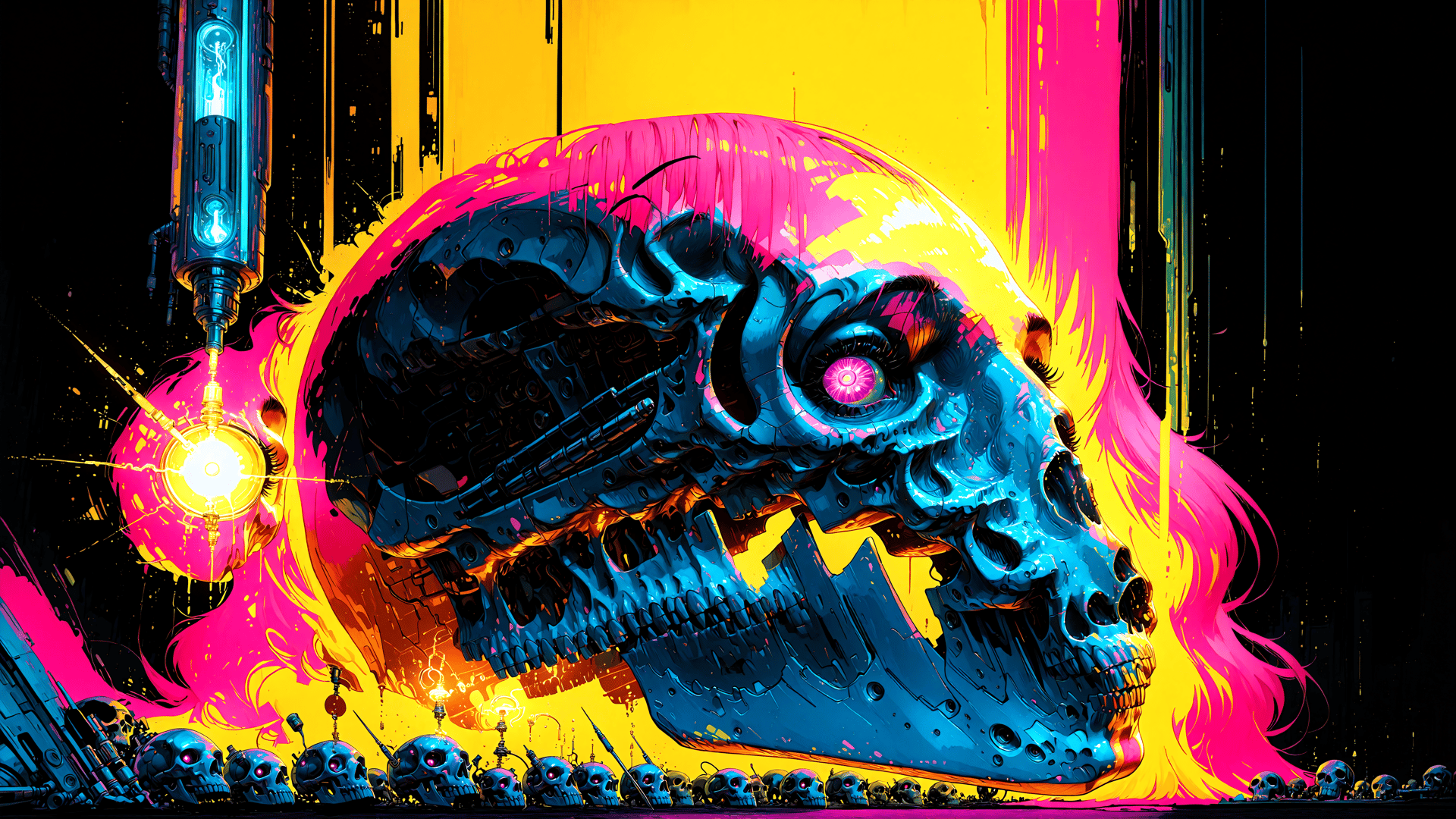 AI generated wallpaper featuring skull, cybernetic, robotic, skeleton, skeletons, cyberpunk, gears, mechanical, eyes, lights