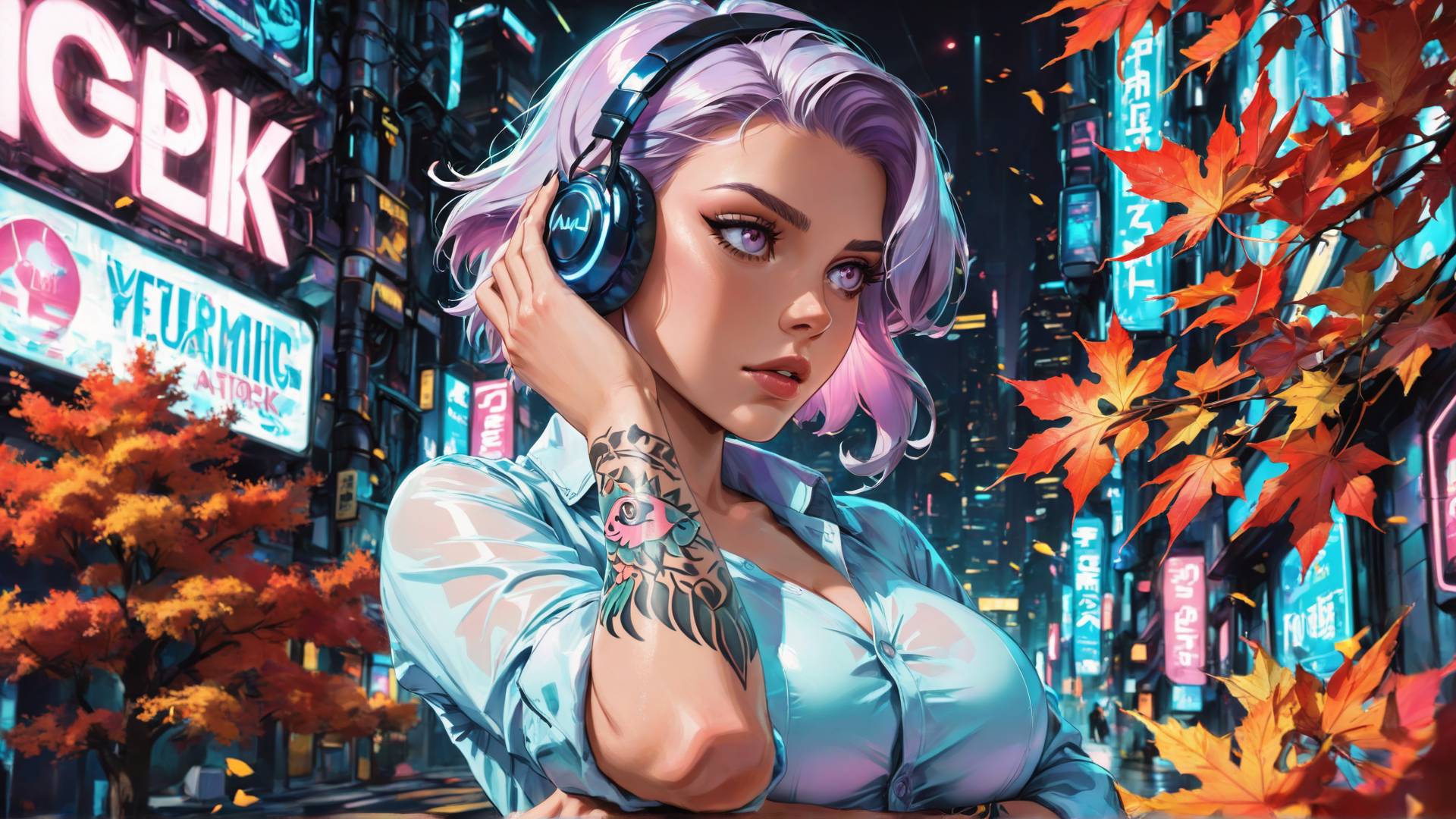 AI generated wallpaper featuring woman, headphones, tattoo, cityscape, leaves