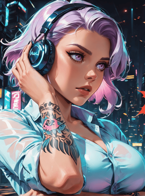 woman, headphones, tattoo, cityscape, leaves
