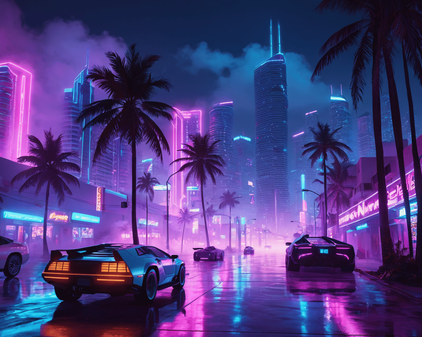 AI generated wallpaper featuring cars, city, palm trees