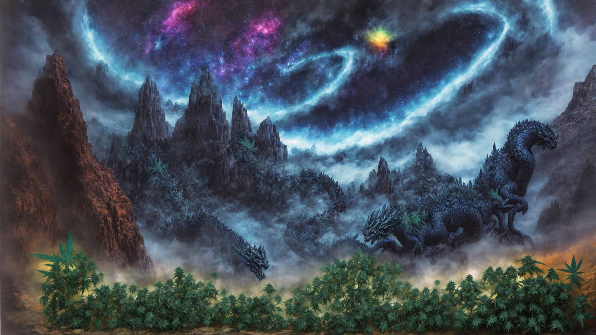 AI generated wallpaper featuring dragon, mountains, cannabis, nebula, sky, forest, clouds, galaxy, stars, landscape