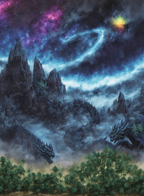 dragon, mountains, cannabis, nebula, sky, forest, clouds, galaxy, stars, landscape