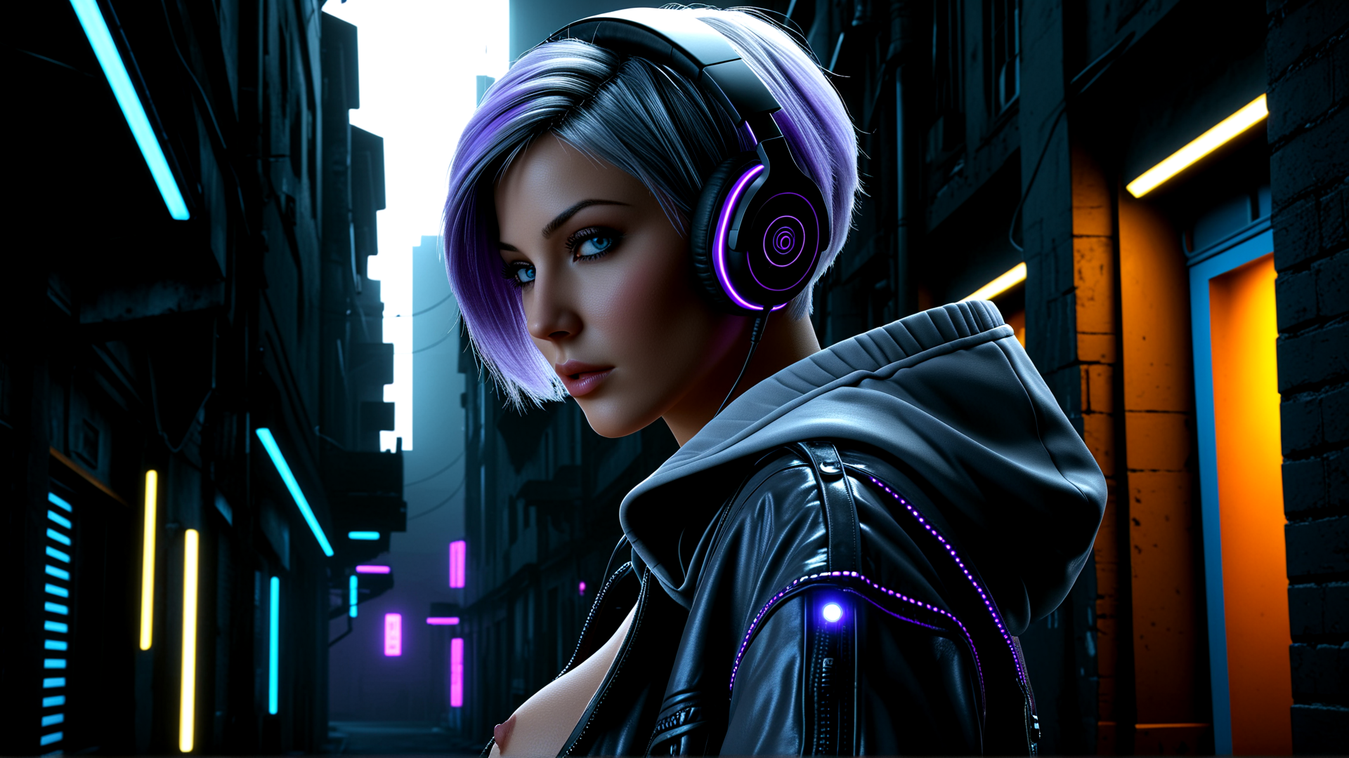 AI generated wallpaper featuring cyberpunk, woman, headphones, jacket, neon, street