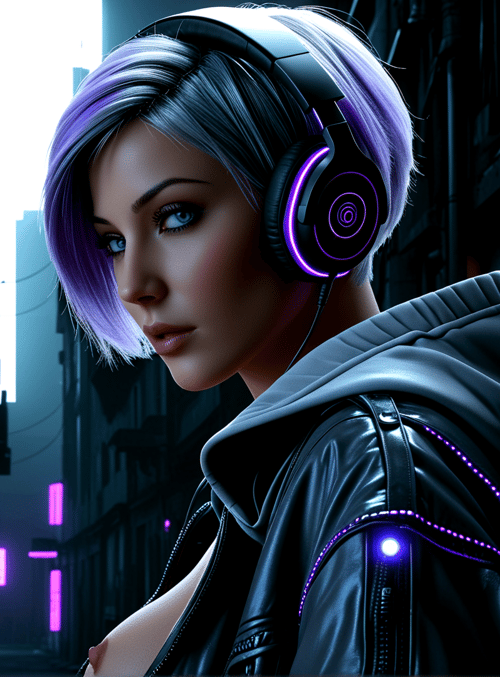 cyberpunk, woman, headphones, jacket, neon, street