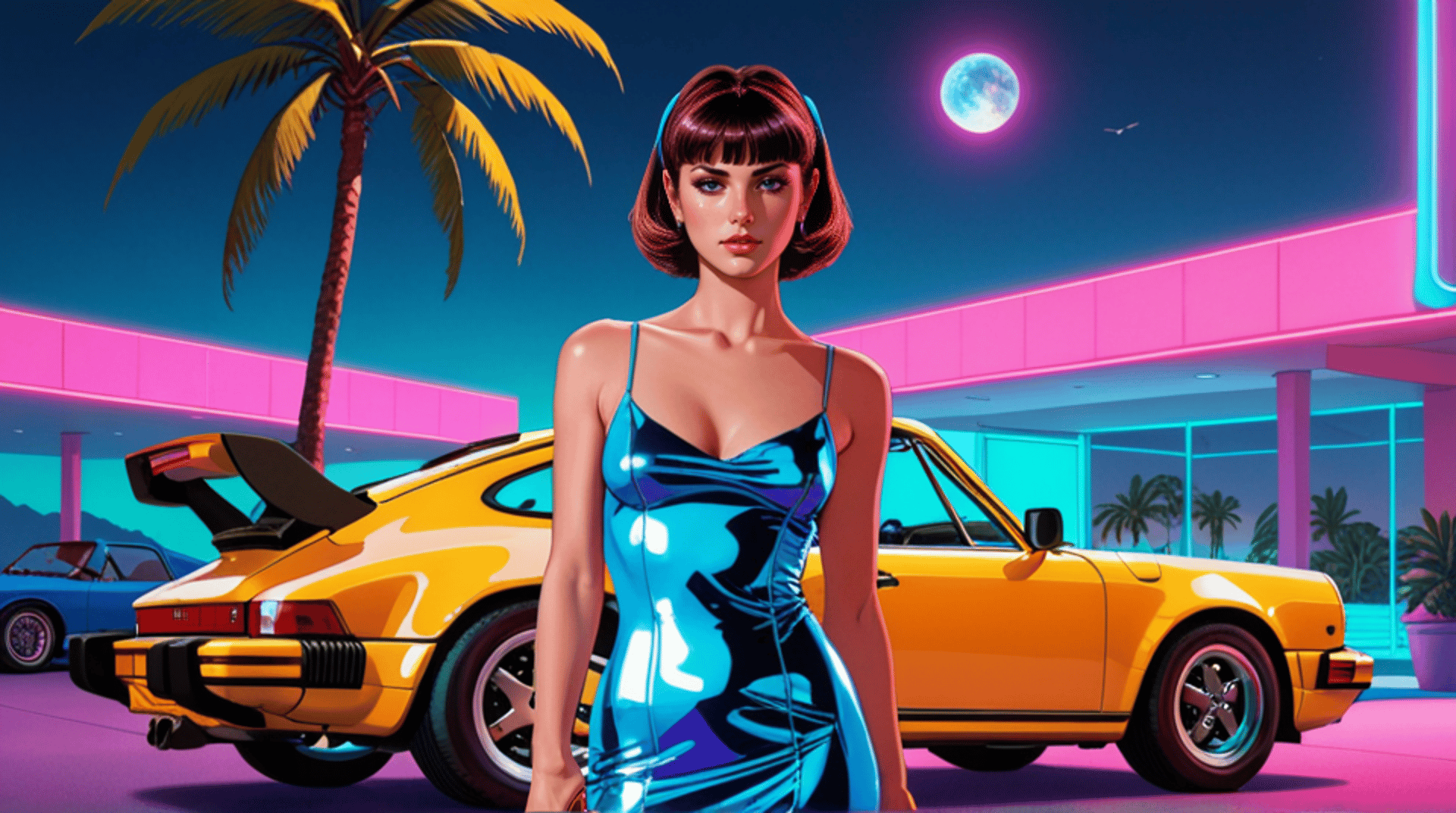 AI generated wallpaper featuring woman, car, palm tree