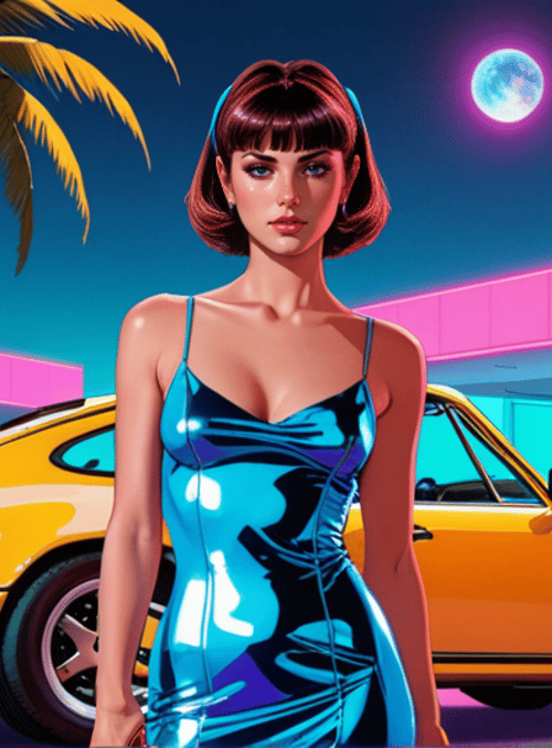 woman, car, palm tree