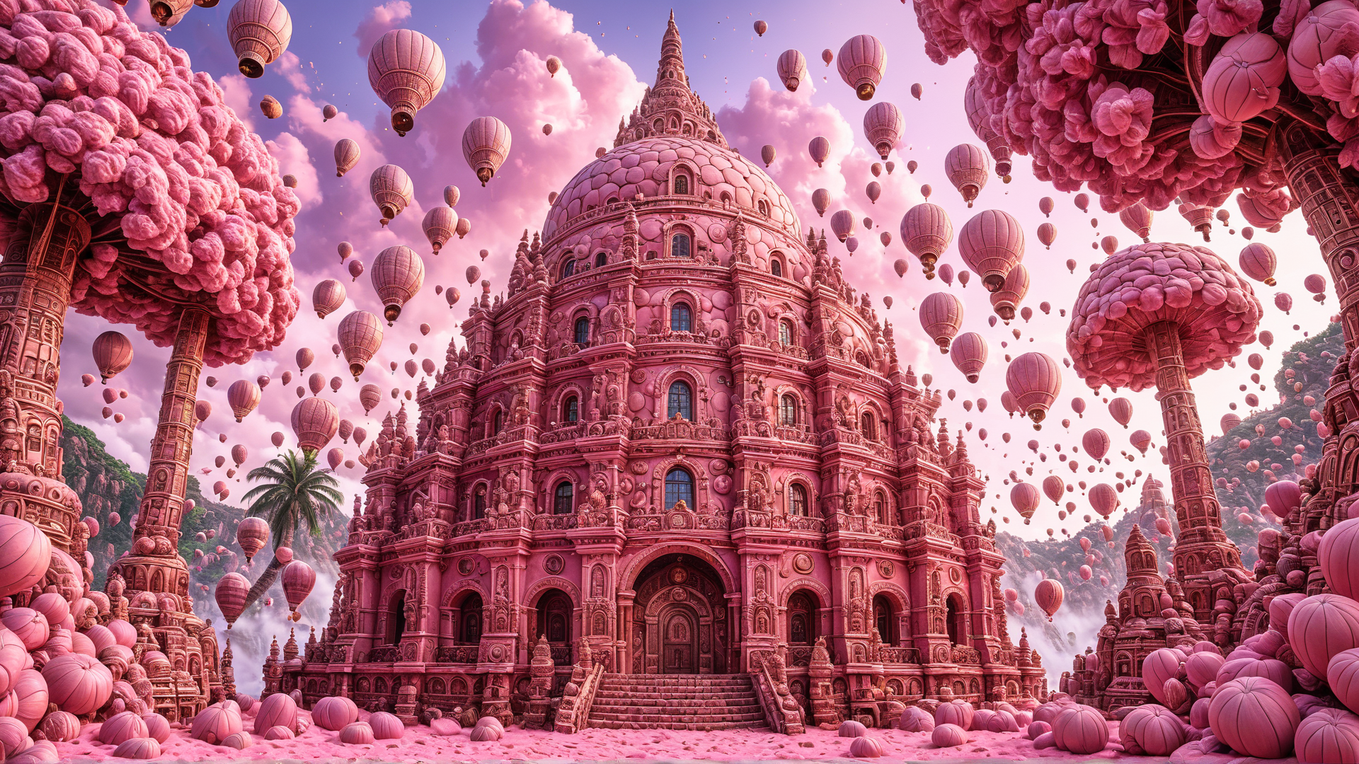 AI generated wallpaper featuring castle, hot air balloons, trees, clouds, mushrooms, pumpkins, temple, arches