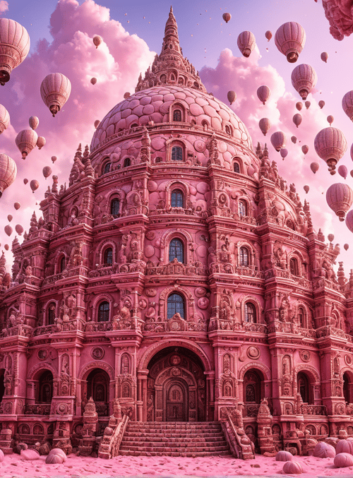 castle, hot air balloons, trees, clouds, mushrooms, pumpkins, temple, arches