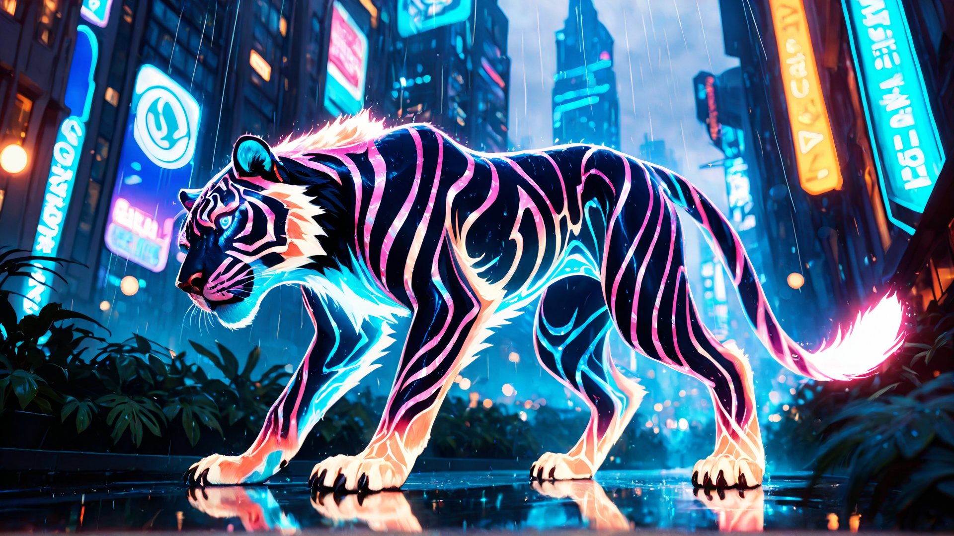 AI generated wallpaper featuring tiger, neon, city