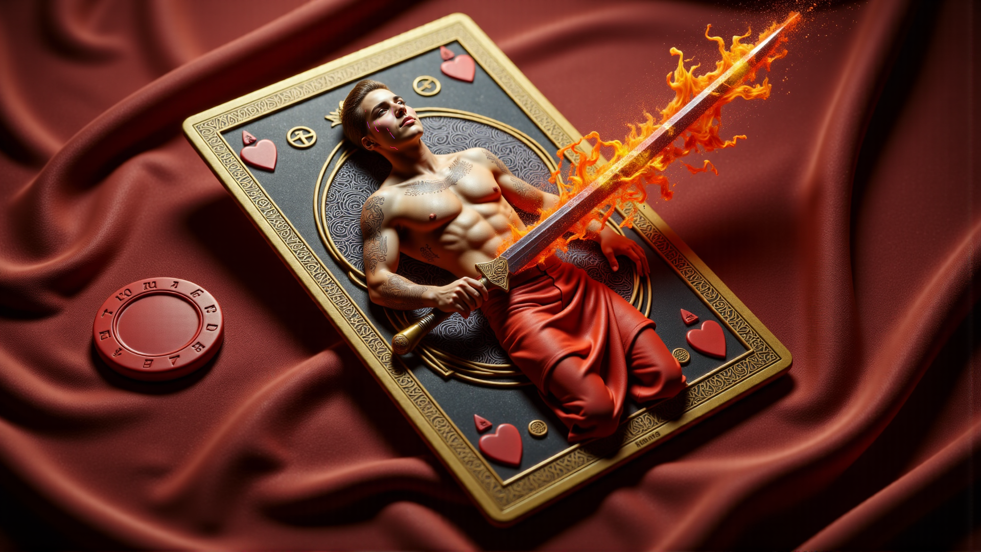 AI generated wallpaper featuring man, sword, tarot card