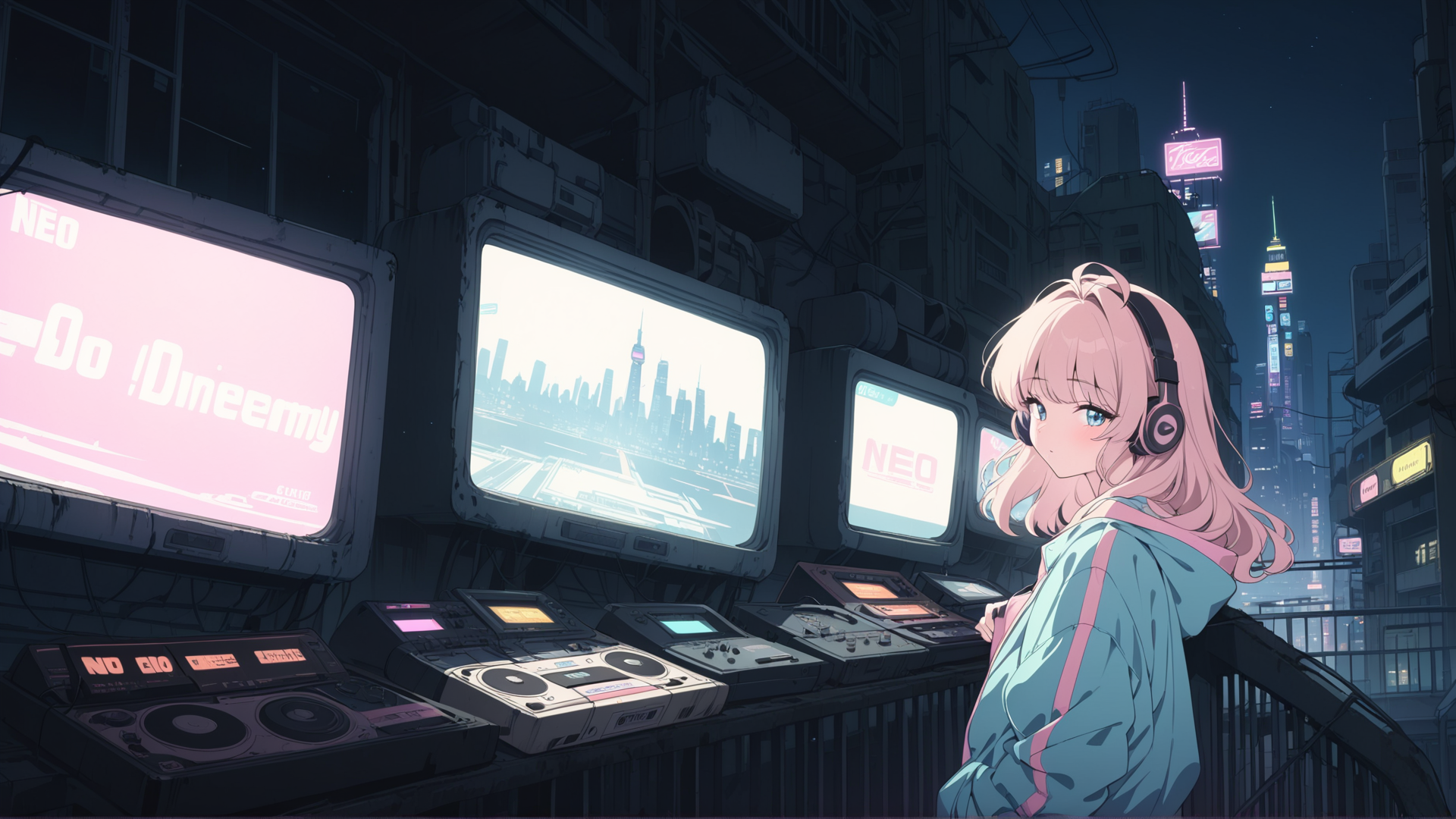 AI generated wallpaper featuring girl, cityscape, monitors