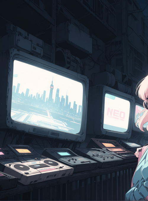 girl, cityscape, monitors