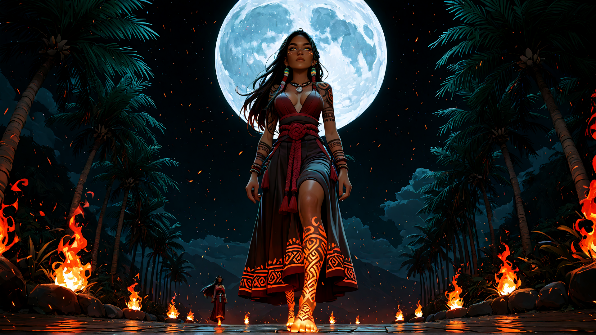 AI generated wallpaper featuring woman, palm trees, fire, moon, sacred ground, tattoo, headdress, shadows, distant figure, flames