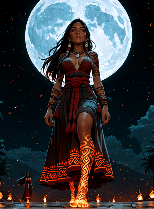 woman, palm trees, fire, moon, sacred ground, tattoo, headdress, shadows, distant figure, flames