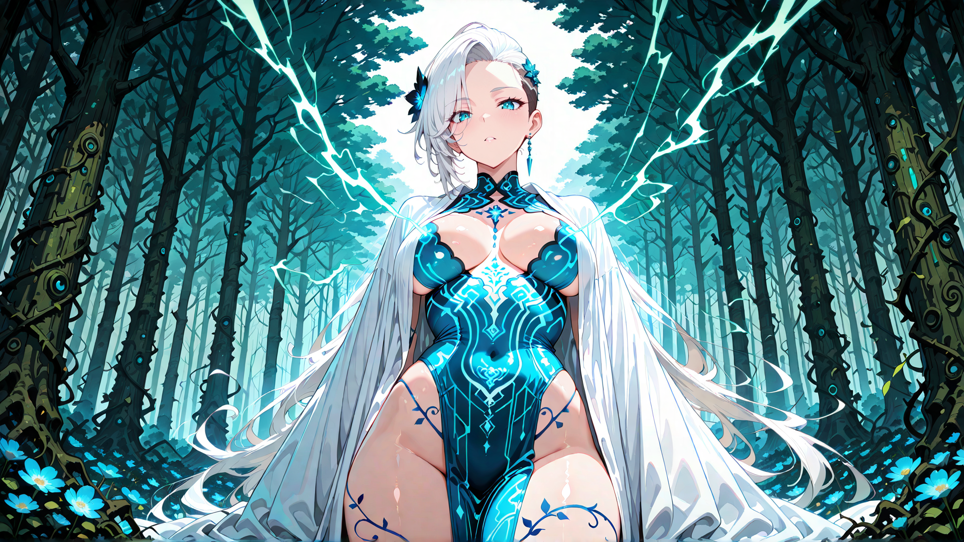 AI generated wallpaper featuring woman, forest, fairy, lightning, trees, flowers