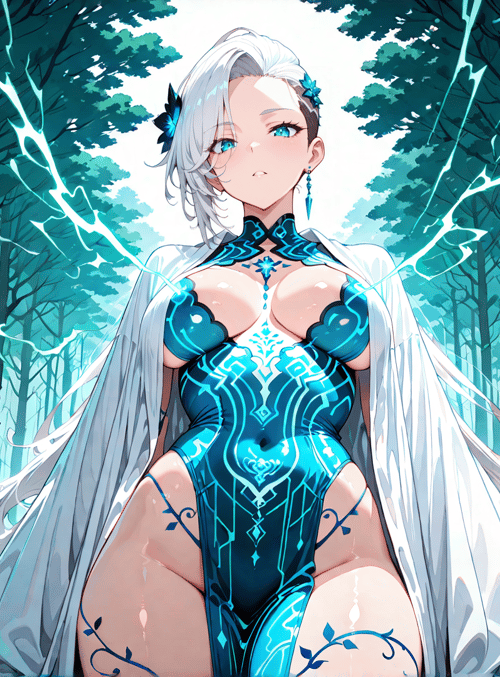 woman, forest, fairy, lightning, trees, flowers