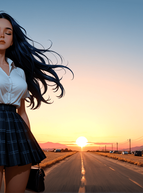 woman, bus, road, sunset, field, sun, mountain, car, skirt, shirt