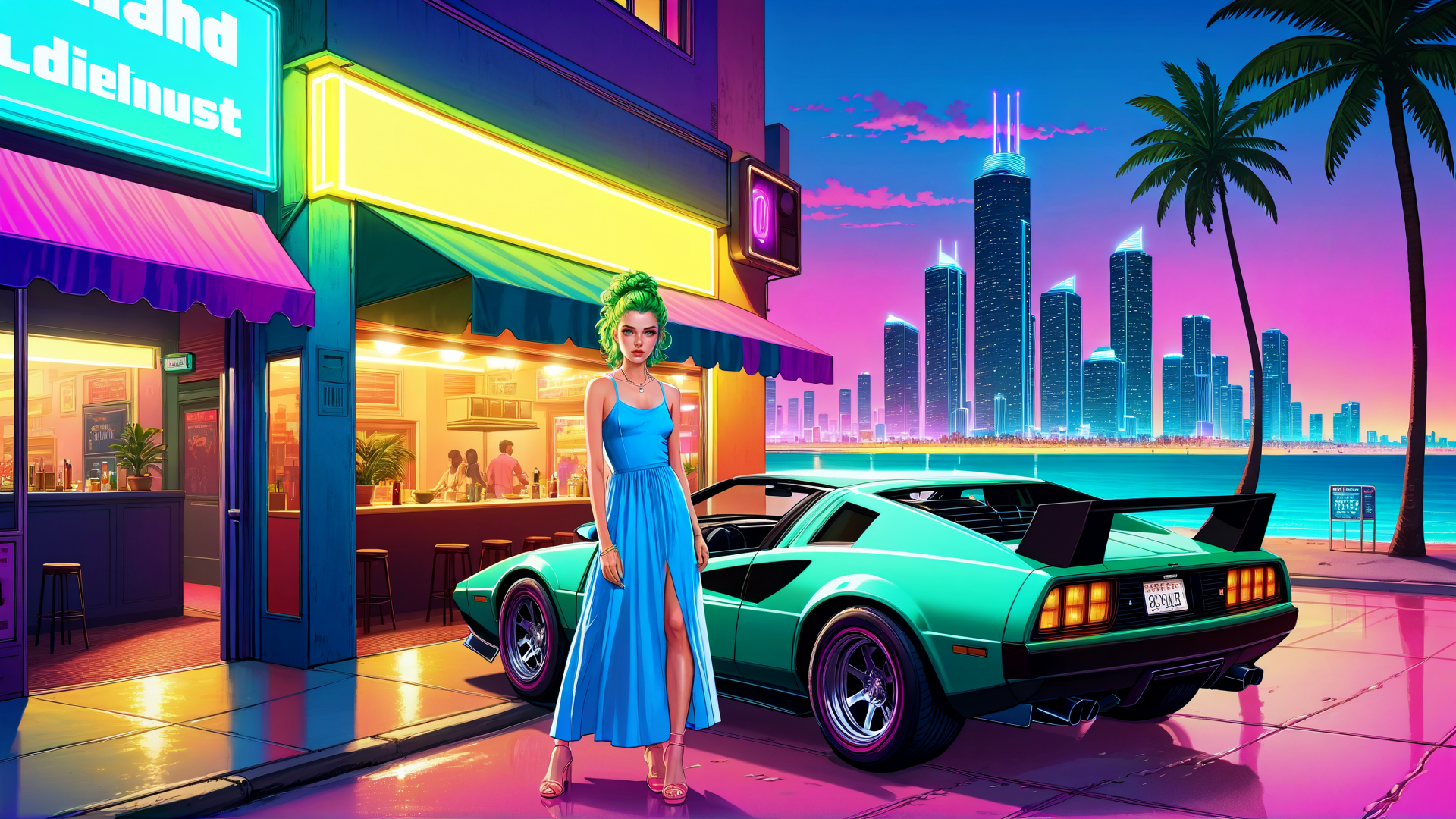 AI generated wallpaper featuring woman, car, bar