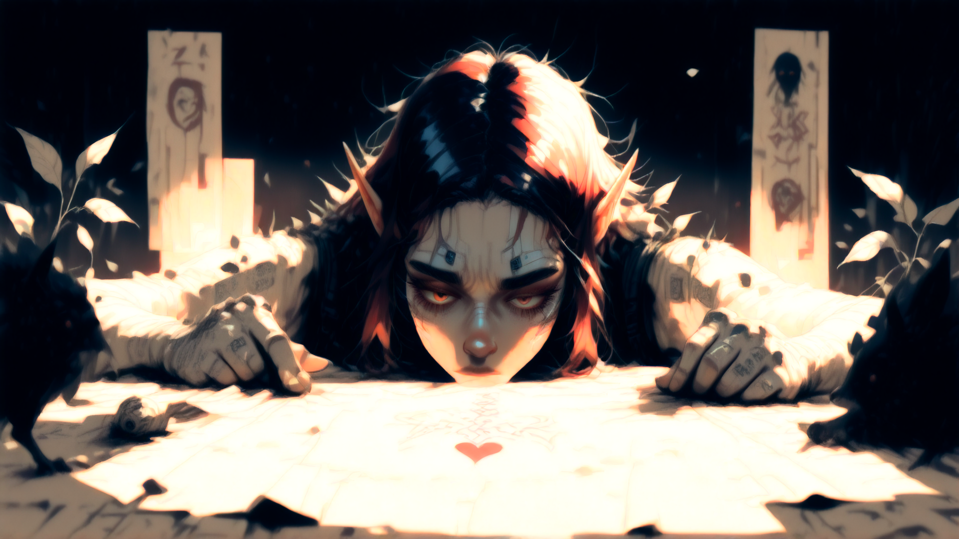 AI generated wallpaper featuring elf, person, paper, raven, scroll, symbols, hands, plants, art, ritual