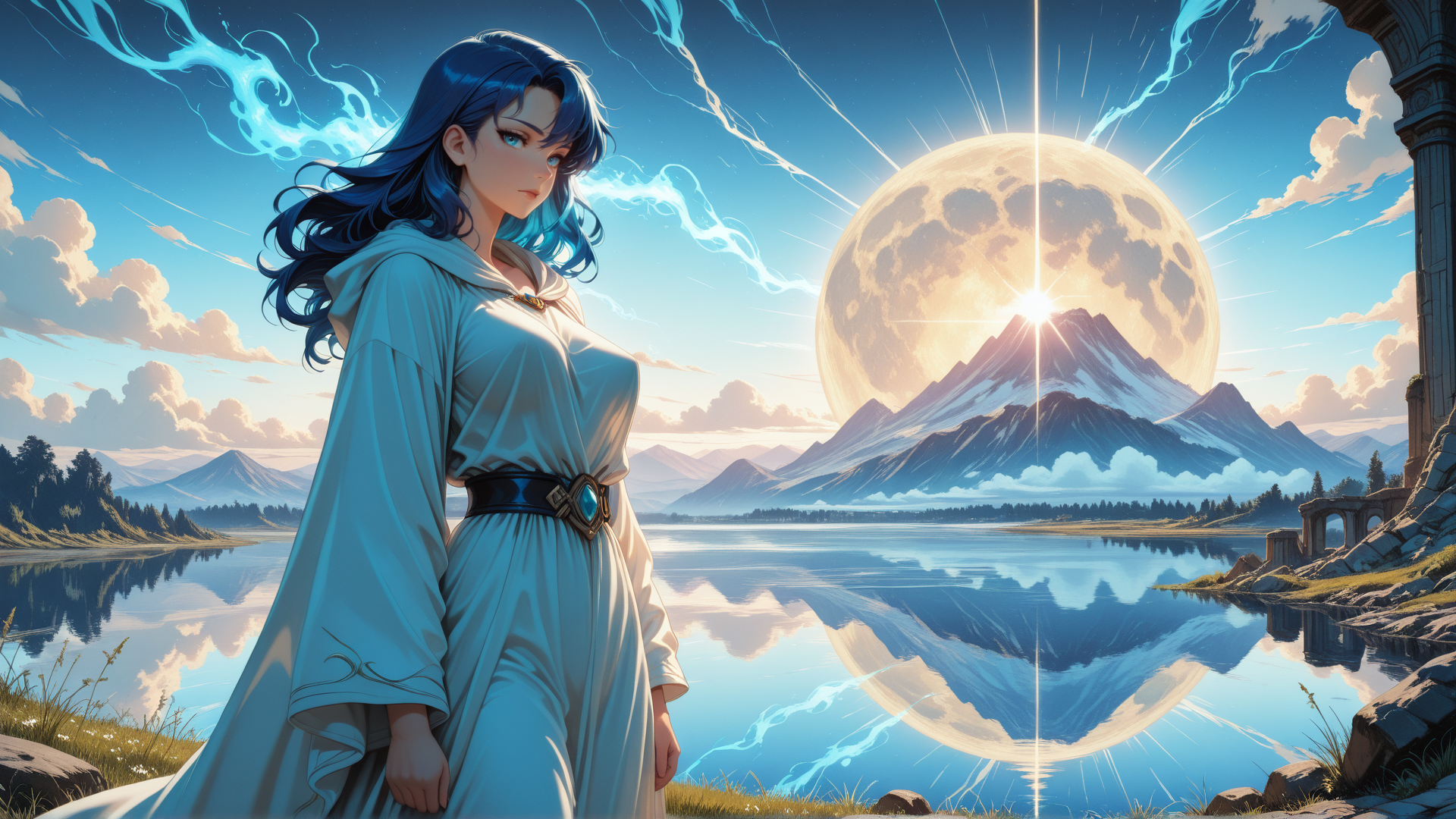 AI generated wallpaper featuring woman, moon, mountain, lake, castle