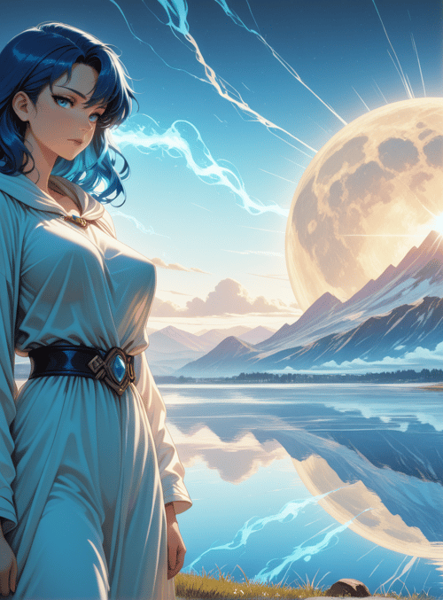 woman, moon, mountain, lake, castle