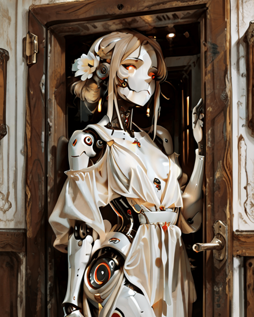 AI generated wallpaper featuring robot, woman, dress, door, flower, gears, mechanical, eyes, sleeve, hand