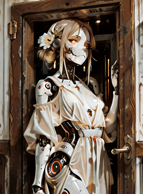 robot, woman, dress, door, flower, gears, mechanical, eyes, sleeve, hand