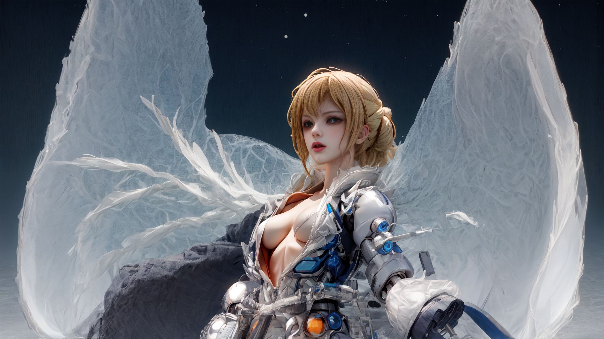 AI generated wallpaper featuring angel, mech, woman
