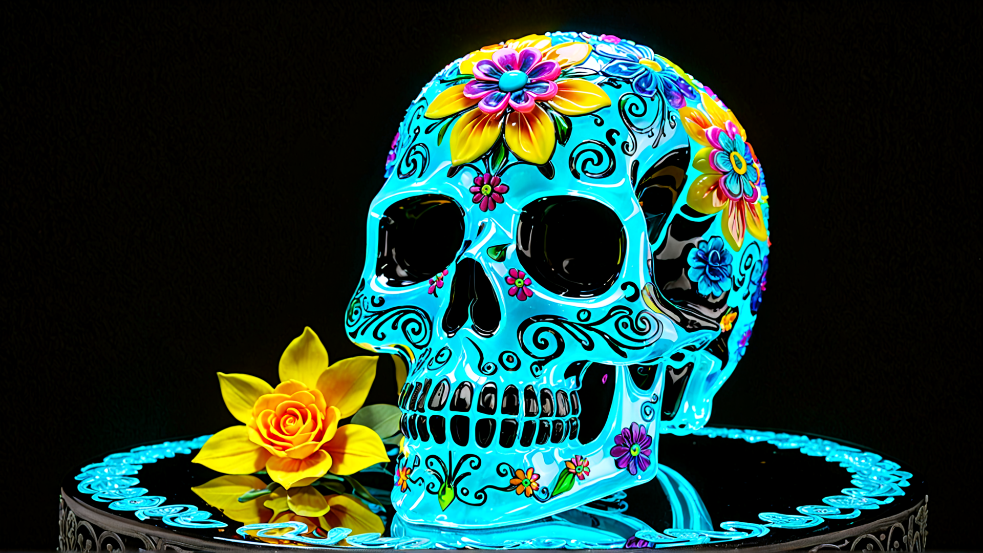 AI generated wallpaper featuring skull, flower, plate