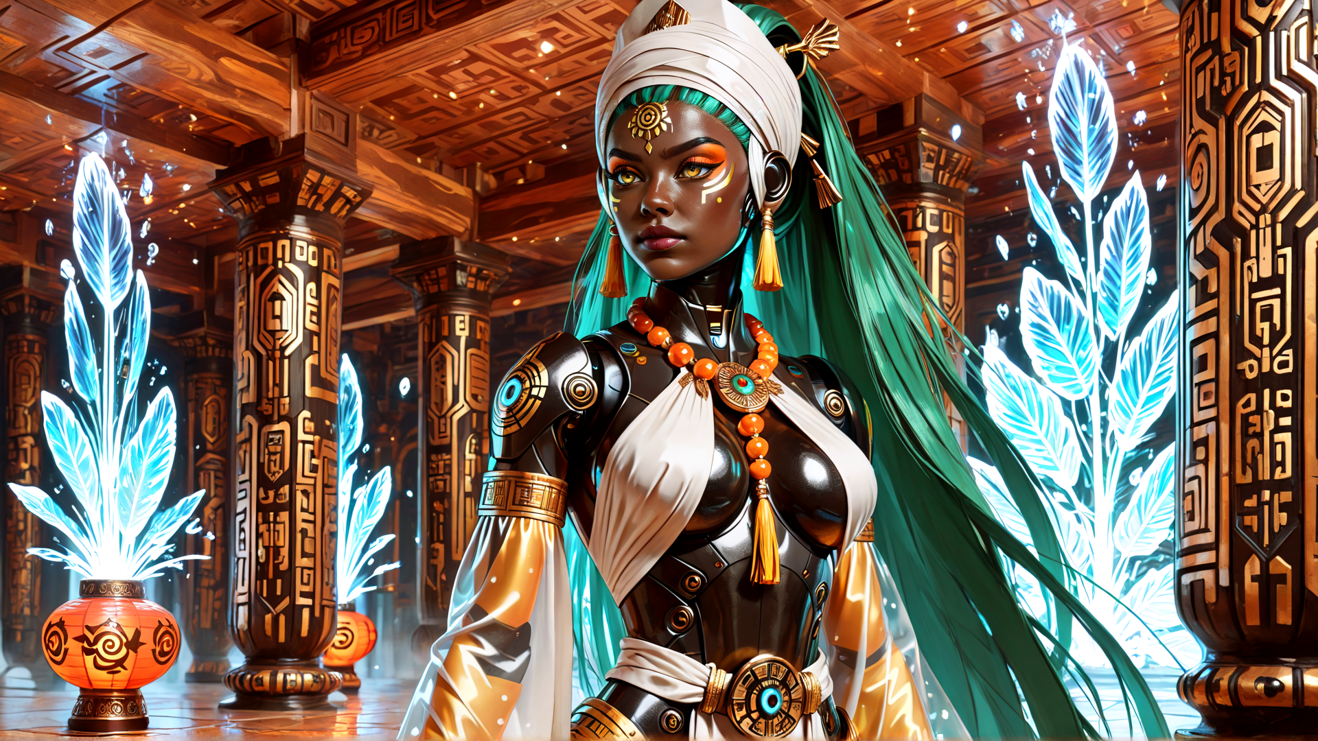 AI generated wallpaper featuring cyborg, woman, ancient, goddess, tribal, robot, warrior, queen, sorceress, divine