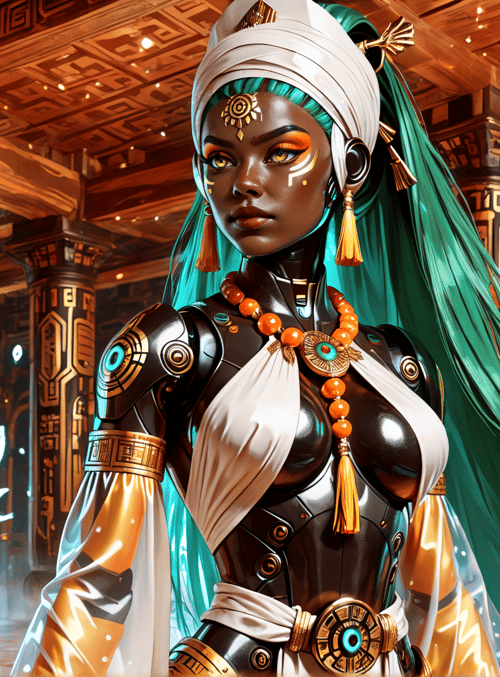cyborg, woman, ancient, goddess, tribal, robot, warrior, queen, sorceress, divine