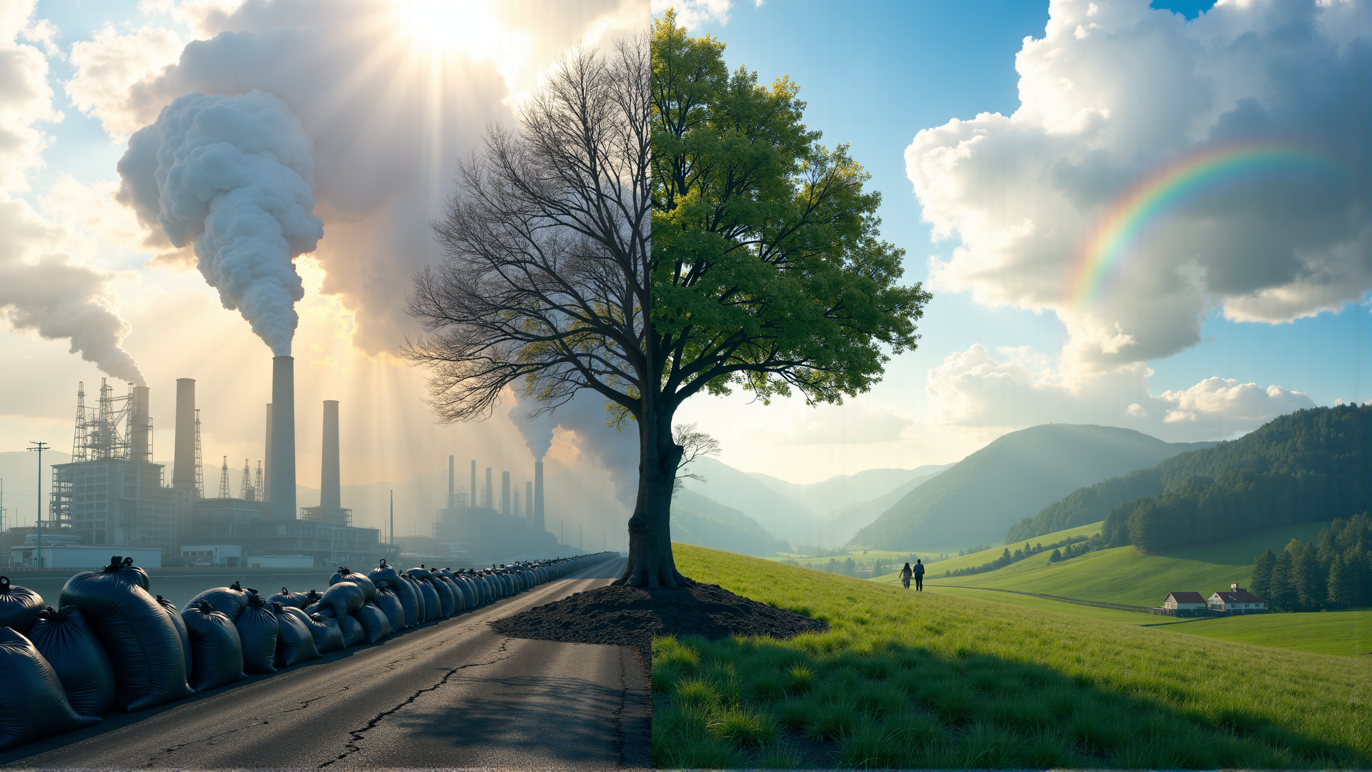 AI generated wallpaper featuring tree, factory, landscape