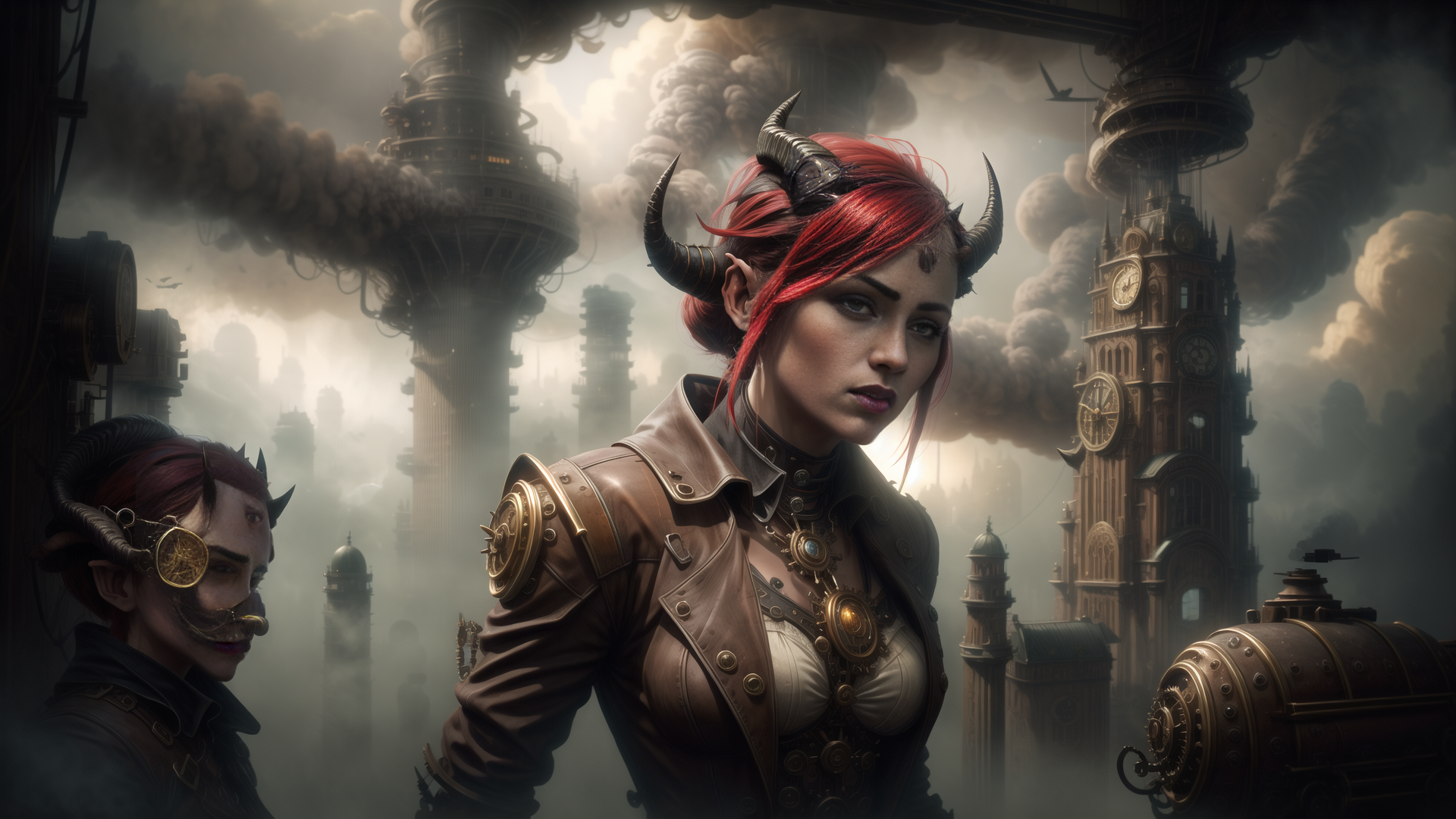 AI generated wallpaper featuring woman, steampunk, horned, clock tower, red hair