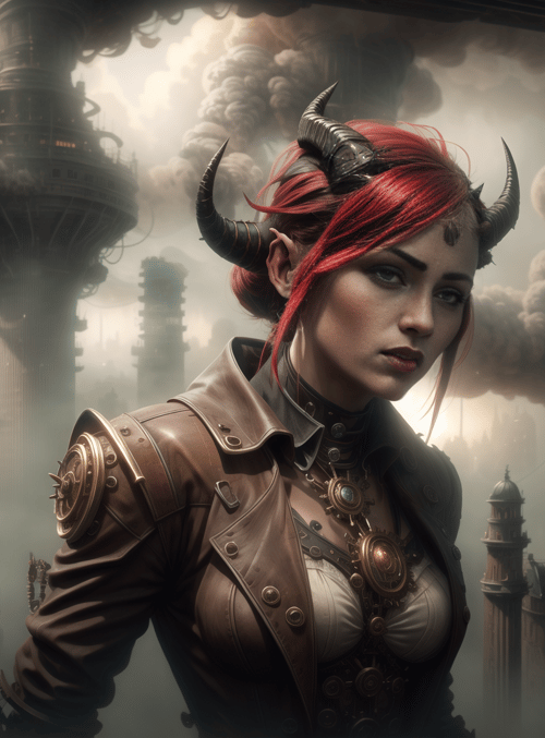 woman, steampunk, horned, clock tower, red hair