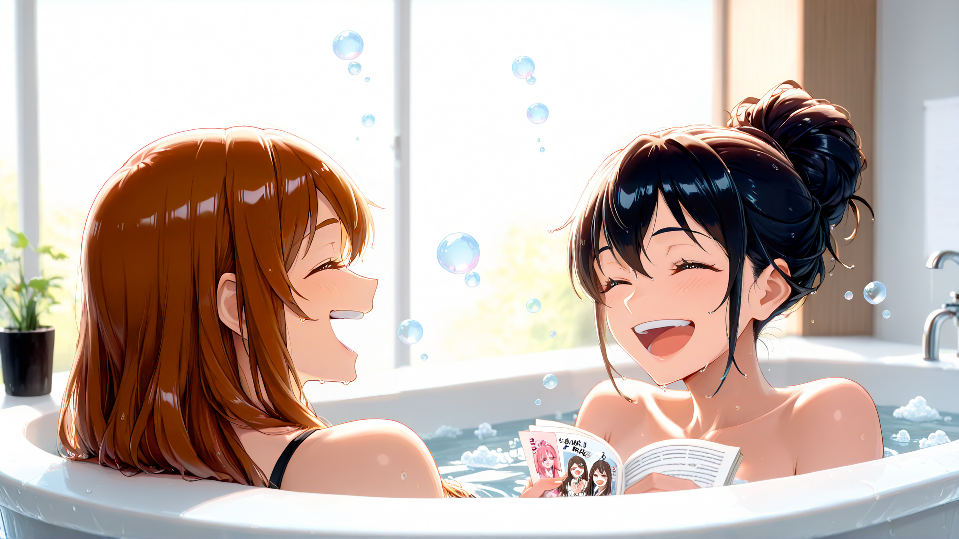 AI generated wallpaper featuring girls, bathtub, book