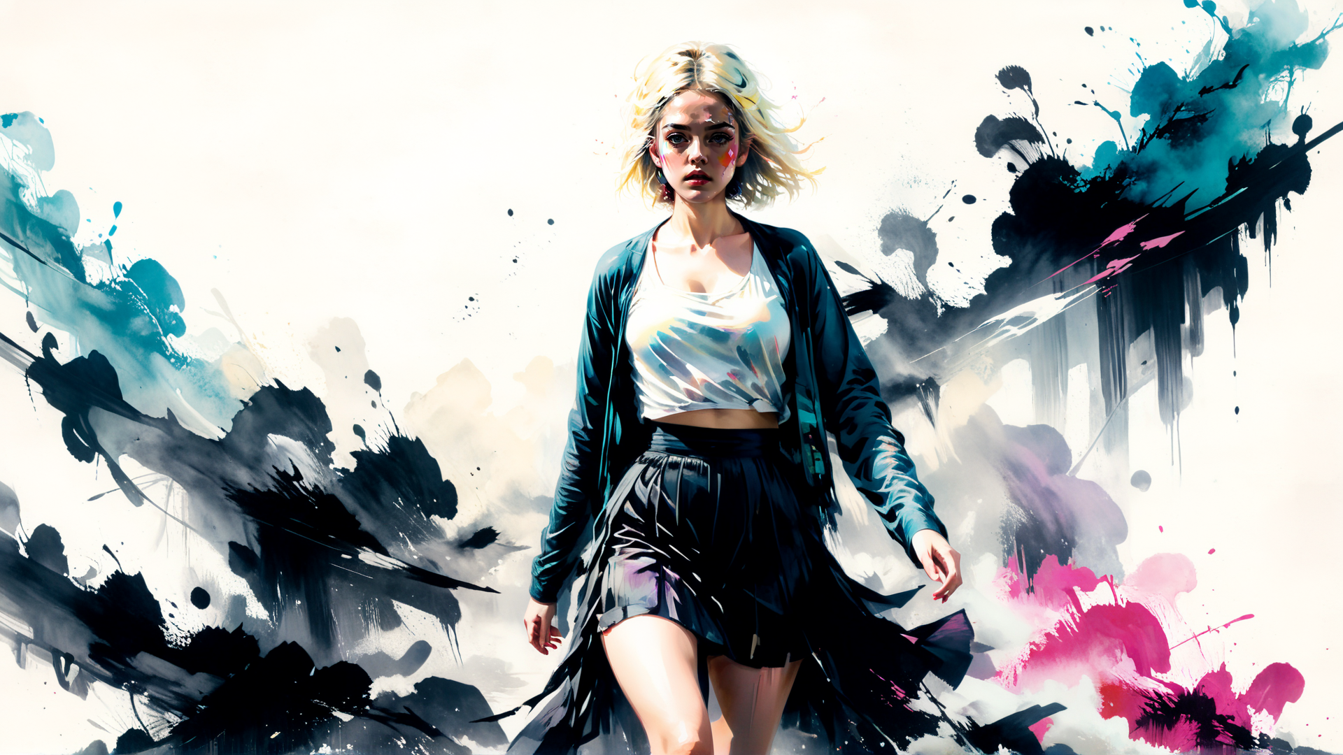 AI generated wallpaper featuring woman, art, digital, illustration, character, paint, ink, splash, fashion, grunge