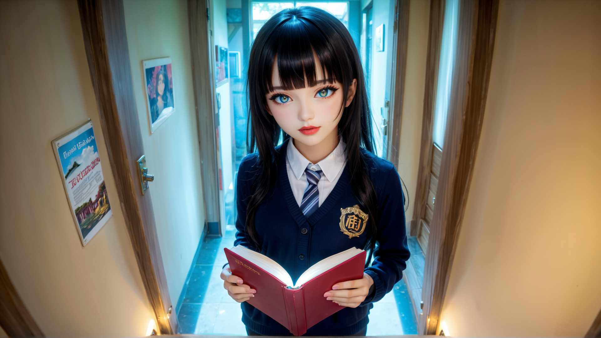 AI generated wallpaper featuring girl, student, book, corridor, school uniform, door, poster, window, flickering light, sweater