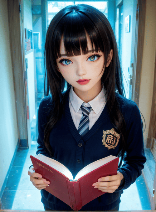 girl, student, book, corridor, school uniform, door, poster, window, flickering light, sweater