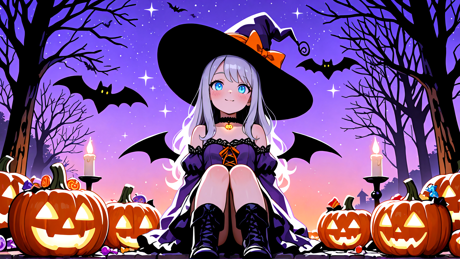 AI generated wallpaper featuring witch, pumpkin, bat, candle, tree