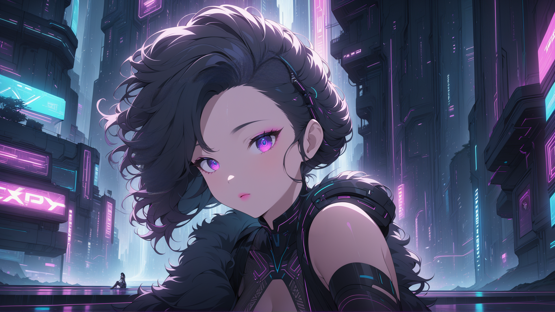 AI generated wallpaper featuring cyberpunk girl, neon city