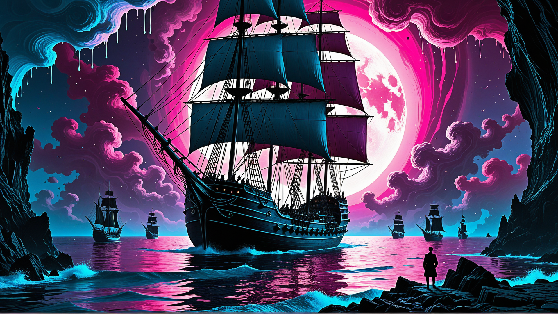 AI generated wallpaper featuring ship, sail, ocean, moon, rock, cloud, person, cave, wave, sailboat