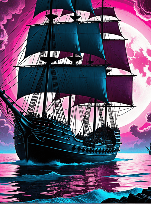 ship, sail, ocean, moon, rock, cloud, person, cave, wave, sailboat