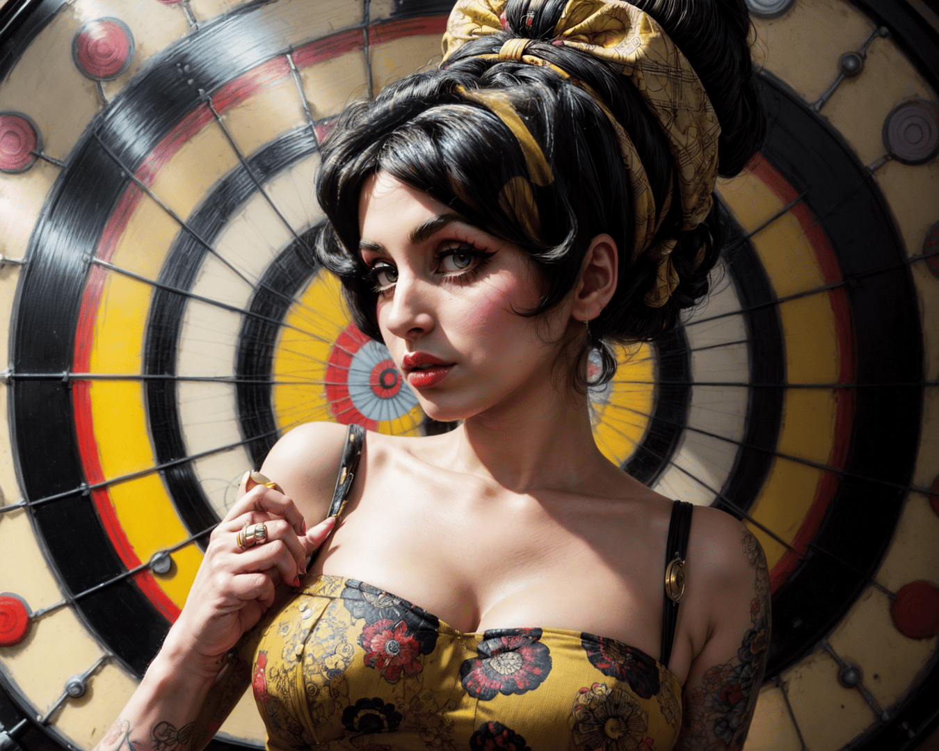 AI generated wallpaper featuring woman, dartboard, tattoo
