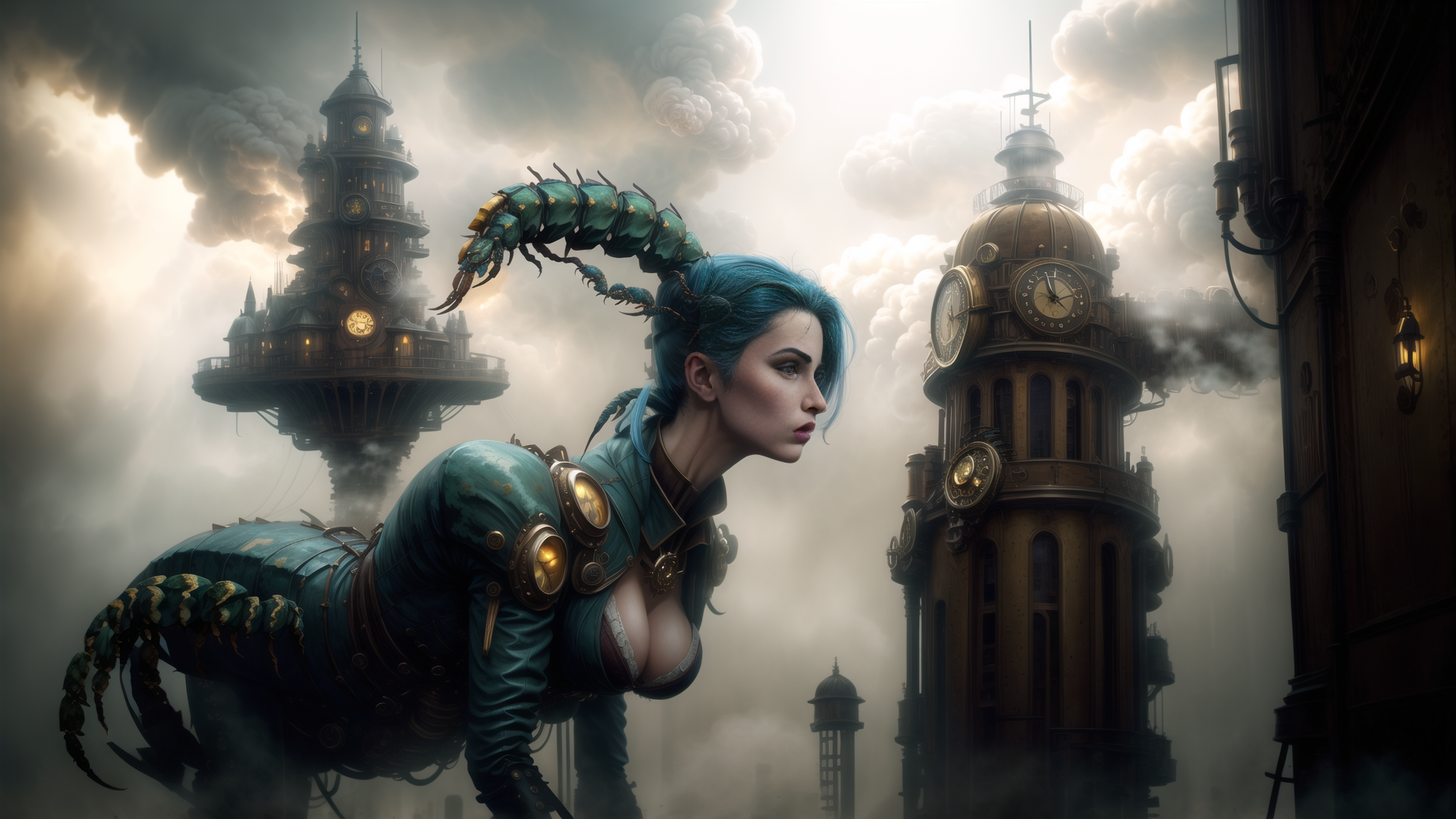AI generated wallpaper featuring woman, steampunk, mechanical, insect, clock tower