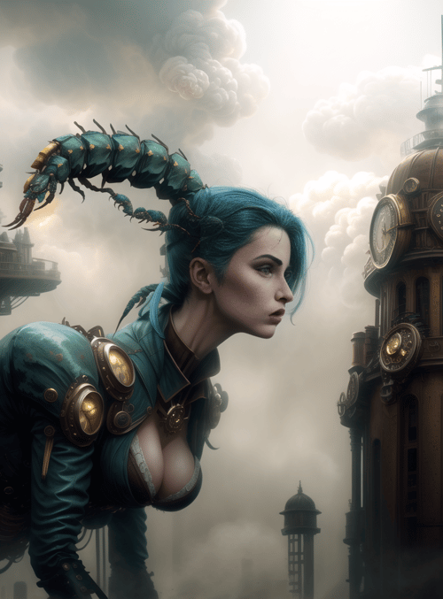 woman, steampunk, mechanical, insect, clock tower