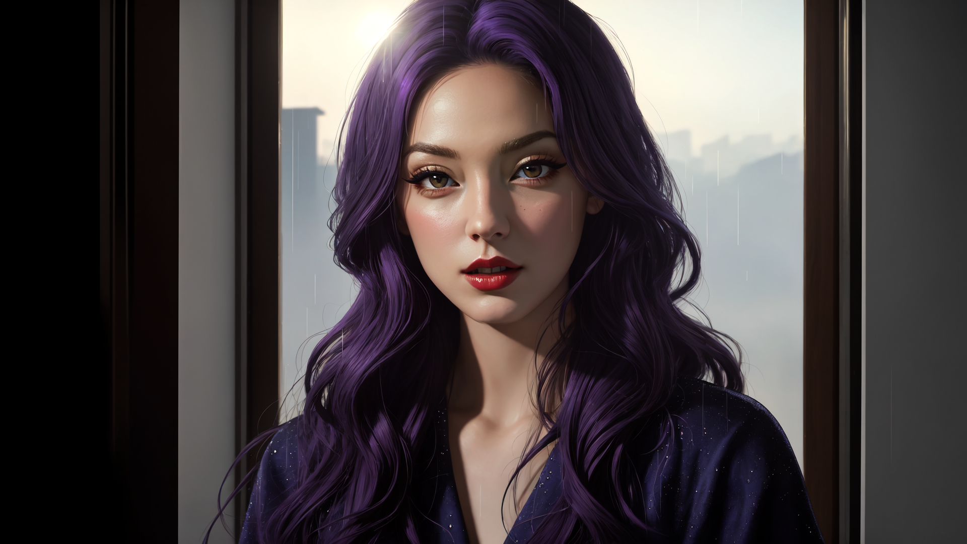 AI generated wallpaper featuring woman, hair, window, cityscape, rain